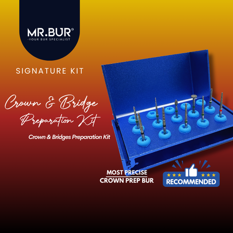 This picture shows MR.BUR Crown & Bridge Preparation Kit FG designed to offer speedy, simple and accurate tooth preparation for a wide range of crown and bridge restorations, veneers and onlays.