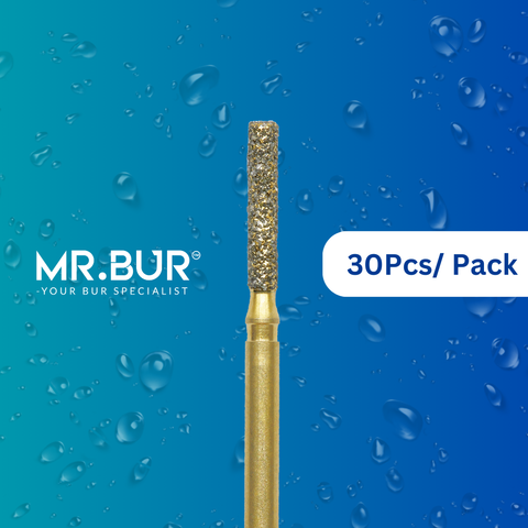 Optimize dental care with Mr. Bur 30 pcs Gold Cylinder Flat End Diamond Bur FG for anterior/posterior teeth, cavity prep, composite filling, crown prep, endo access, decay removal, and shoulder margin preparation.