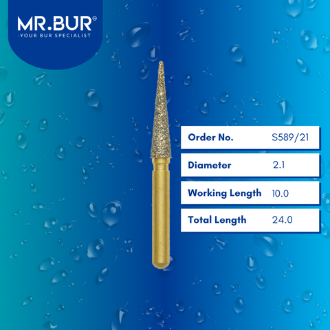 Mr. Bur Gold Pointed Cone Diamond Bur 5pcs FG S589/21, 2.1mm, designed for precise contouring, efficient cutting, and smooth surface finishing in restorative procedures.