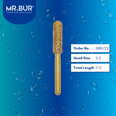 Mr. Bur S881/22 Gold Cylinder Round End Diamond Bur Short FG are essential tools used in multiple dental procedures, ideal for cavity preparation, crown procedures, caries removal, endo access, filling with composite, enameloplasty, adjustments, and trimming, suitable for both anterior and posterior teeth, including pediatric use.