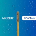 Enhance dental care with Mr. Bur 5pcs Gold Cylinder Round End Diamond Bur FG for anterior/posterior teeth, caries removal, cavity prep, endo access, composite filling, prophylaxis, decay removal, and trimming.