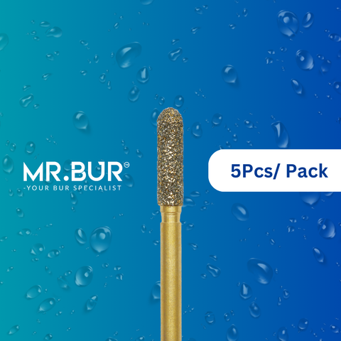 Enhance dental care with Mr. Bur 5pcs Gold Cylinder Round End Diamond Bur FG for anterior/posterior teeth, caries removal, cavity prep, endo access, composite filling, prophylaxis, decay removal, and trimming.