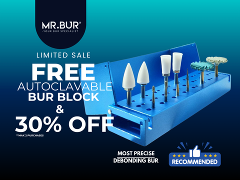 Efficient orthodontic debonding kit by Mr. Bur, includes carbide burs and diamond polishers, ensures safe bracket removal, adhesive cleaning, and enamel polishing for braces and Invisalign.