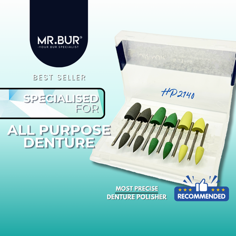 Mr. Bur HP2140 denture polishers for high-gloss finishing on acrylic Valplast and metal denture surfaces, reach fissures easily, aesthetic dentistry tool, multi-angle use, smooth polish fast