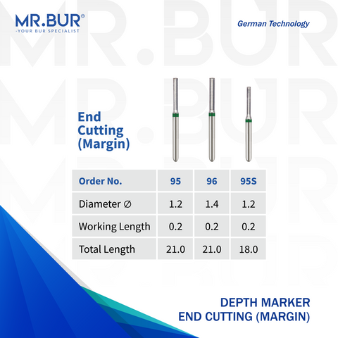 Image showing three variants of Mr. Bur Depth Marker End Cutting Coarse Diamond Bur FG ensures precise depth control and smooth margin preparation for optimal veneer and crown restorations.