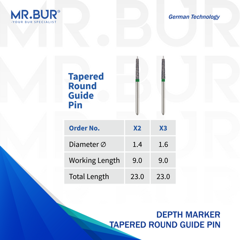 Image showing two variants of Mr. Bur Depth Marker Tapered Round Guide Pin Coarse Diamond Bur FG  ensures precise depth control and smooth margin preparation for veneers and crowns.