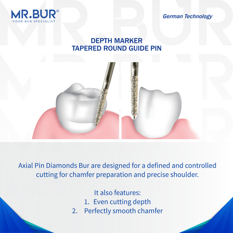 Mr. Bur Depth Marker Tapered Round Guide Pin Coarse Diamond Bur FG  ensures precise depth control and smooth margin preparation for veneers and crowns.