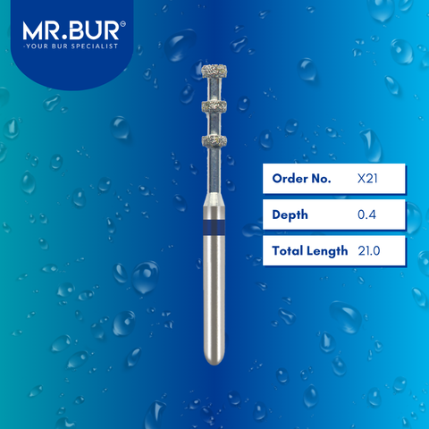 Mr. Bur X21 Depth Marker Veneer Preparation Diamond Bur FG are tools used in multiple dental procedures, ideal for 0.3mm, 0.4mm, and 0.5mm depth marking, with 3 rings, crown preparation, and veneer preparation.