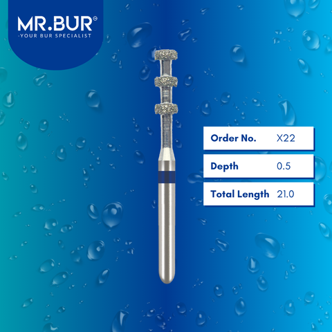 Mr. Bur X22 Depth Marker Veneer Preparation Diamond Bur FG are tools used in multiple dental procedures, ideal for 0.3mm, 0.4mm, and 0.5mm depth marking, with 3 rings, crown preparation, and veneer preparation.