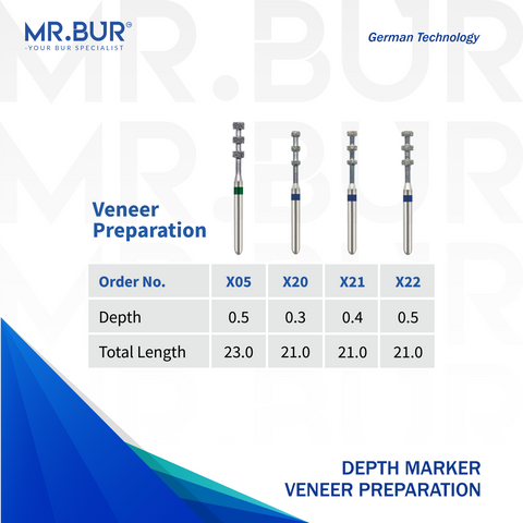 Image showing four variants of Mr. Bur Depth Marker Veneer Preparation Diamond Bur FG ensures precise veneer preparation with accurate depth control, enhancing restoration fit, aesthetics, and enamel conservation.