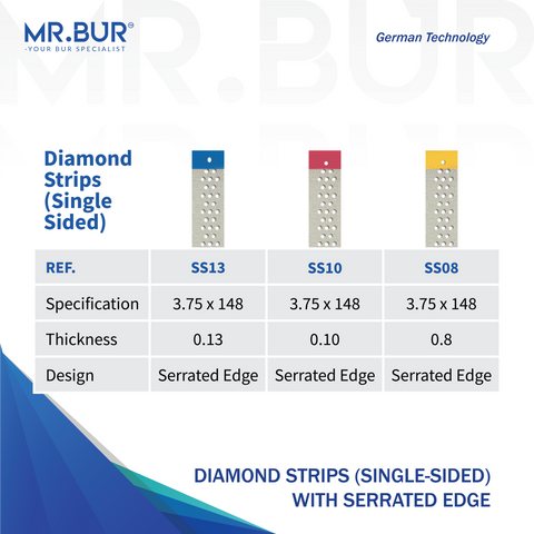 Mr Bur Diamond IPR Strips, single-sided with non-serrated edge, designed for precise interproximal enamel reduction and controlled space creation in orthodontics better than Komet Diamond Strips.