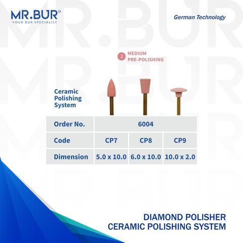 Mr. Bur Medium Pre-Polishing Diamond Polisher, ideal for refining ceramic and veneer surfaces, ensuring smooth contouring and enhanced polish retention.