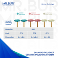 Image showing three variants of Mr. Bur Ceramics Polishing Diamond Polisher 6001 delivers precise, high-gloss finishing for ceramic restorations, ensuring smooth surfaces and optimal aesthetics.