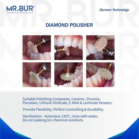 Mr. Bur Ceramics Polishing Diamond Polisher delivers precise, high-gloss finishing for ceramic restorations, ensuring smooth surfaces and optimal aesthetics.