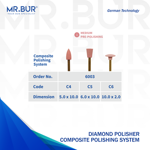 Image showing three variants of Mr. Bur Ceramics Polishing Diamond Polisher 6003 delivers precise, high-gloss finishing for ceramic restorations, ensuring smooth surfaces and optimal aesthetics.