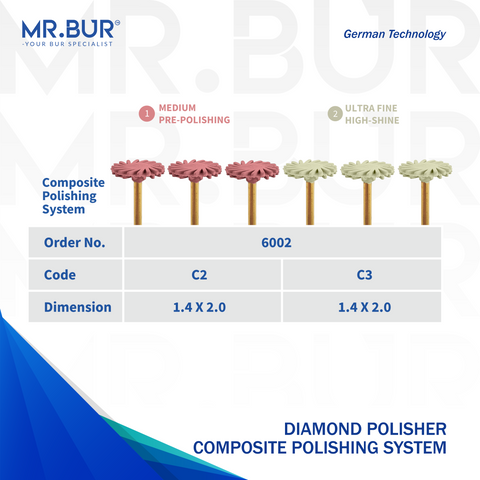 Mr. Bur Diamond Composite Polisher  6002, featuring medium and fine grits for precise, high-gloss finishing on composite restorations, ensuring both smooth surfaces and enhanced durability, result better than EVE Diacomp Plus Twist RA 342.