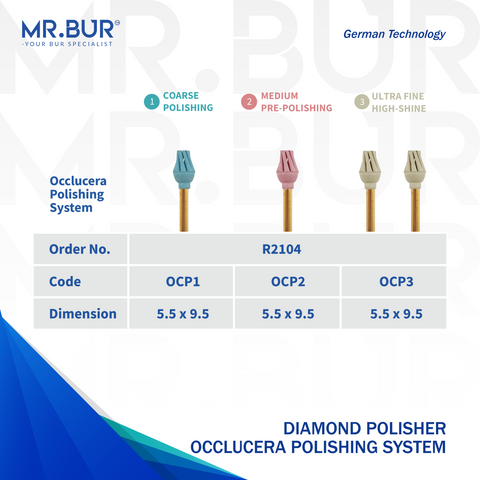 Mr. Bur Diamond Polisher Occlucera Polishing System, including coarse polishing, medium pre-polishing, and ultra fine high-shine, ensures efficient surface refinement and superior gloss for ceramics and veneers.