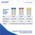 Mr. Bur Diamond Strips, double-sided with non-serrated edge, designed for precise interproximal enamel reduction and controlled space creation in orthodontics better than Komet Diamond Strips.