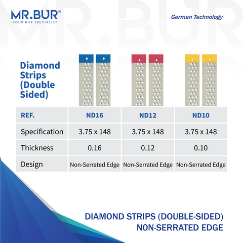 Mr. Bur Diamond Strips, double-sided with non-serrated edge, designed for precise interproximal enamel reduction and controlled space creation in orthodontics better than Komet Diamond Strips.