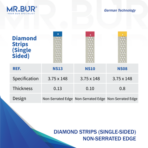 Mr. Bur Diamond Strips, single-sided with non-serrated edge, designed for precise interproximal enamel reduction and controlled space creation in orthodontics better than Komet Diamond Strips.