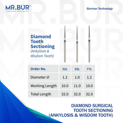 Image showing three variants of Mr. Bur Diamond Surgical Tooth Sectioning Bur ensures precise, efficient sectioning of ankylosed and wisdom teeth, enhancing surgical extraction accuracy and control, with head size of 1.0mm and 1.2mm.