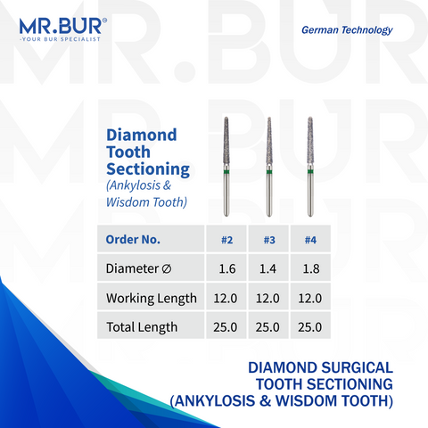 Image showing three variants of Mr. Bur Diamond Surgical Tooth Sectioning Bur ensures precise, efficient sectioning of ankylosed and wisdom teeth, enhancing surgical extraction accuracy and control, with head size of 14mm 1.6mm 1.8mm.