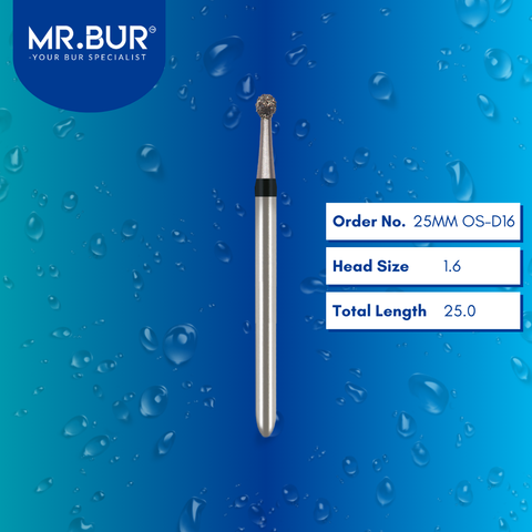 Mr. Bur 25MM OS-D16 OS Diamond Cooling Surgical Bur, suggested for use with electrical or reverse air handpieces, is ideal for cavity preparation, endo access, fillings, removing decay/debris, sectioning wisdom teeth, and separating teeth.