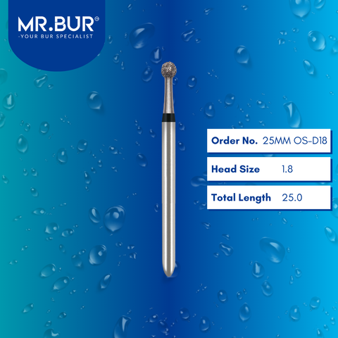 Mr. Bur 25MM OS-D18 OS Diamond Cooling Surgical Bur, suggested for use with electrical or reverse air handpieces, is ideal for cavity preparation, endo access, fillings, removing decay/debris, sectioning wisdom teeth, and separating teeth.