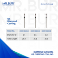 Image showing the three variants of Mr. Bur OS Diamond Cooling Surgical Bur ensures precise, efficient cutting with enhanced cooling for optimal bone surgery and reduced heat generation, with head size of 1.4mm 1.6mm 1.8mm.