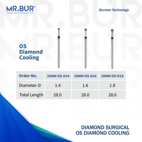 Image showing another three variants of Mr. Bur OS Diamond Cooling Surgical Bur ensures precise, efficient cutting with enhanced cooling for optimal bone surgery and reduced heat generation, with head size of 1.4mm 1.6mm 1.8mm.