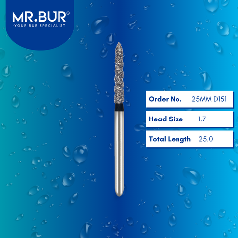 Mr. Bur 25MM D151 Spiral Cool Cut Tooth Sectioning Diamond Bur, suggested for use with electrical or reverse air handpieces, is ideal for sectioning wisdom teeth and separating teeth.