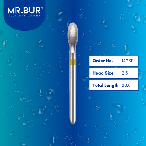 Mr. Bur 142SF Super Fine Finishing Egg Diamond Bur FG are tools used in multiple dental procedures. Their egg-shaped heads are ideal for effective crown preparation, cavity preparation, model fabrication, lingual reduction, use on fillings, and crown & bridge technique.