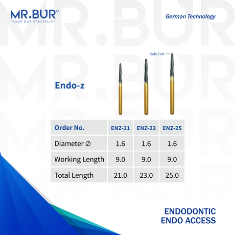 The image showing three variants of Mr. Bur Endodontic Endo Access Endo Z Bur ensures precise, efficient cavity refinement for endodontic procedures, enhancing access, visibility, and control.