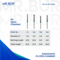 The image showing four variants of Mr. Bur Endodontic Coarse Diamond Bur FG Open Chamber provides precise, efficient access for endodontic treatments, ensuring optimal canal visibility and smooth cavity preparation.