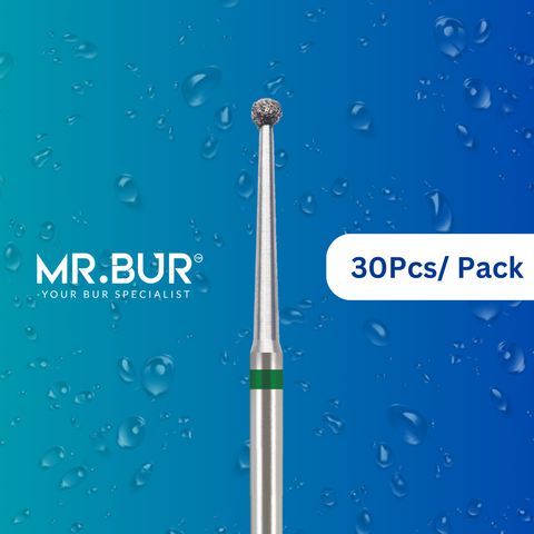 Mr. Bur's 30 pcs Endo Access Round Ball Long Neck Coarse Diamond Bur FG is ideal for endo access, open access, decay and debris removal, and trimming and preparation.