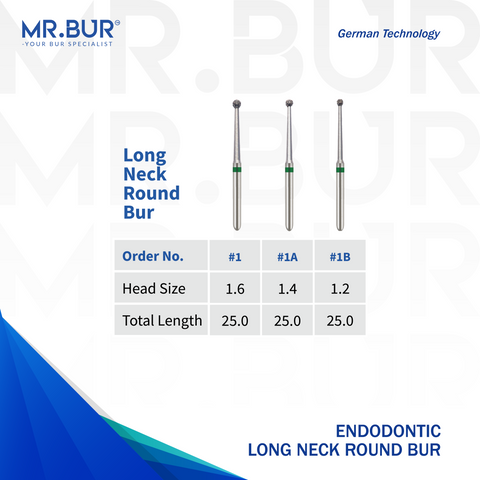 The image showing three variants of Mr. Bur Endodontic Access Round Ball Long Neck Coarse Diamond Bur FG provides precise access and smooth cavity preparation for endodontic treatments, ensuring optimal control and efficiency.