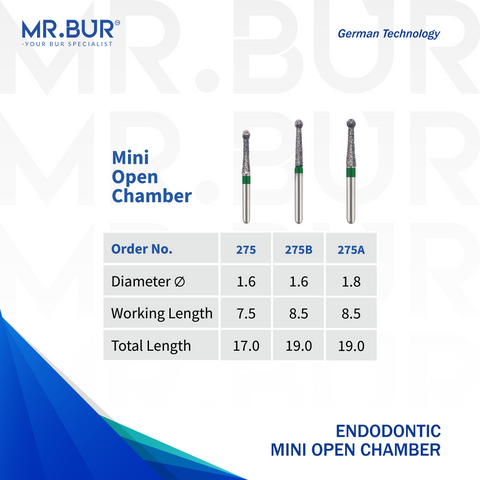 These are three variants of Mr. Bur Endodontic Mini Open Chamber Coarse FG Short Diamond Bur ensures precise, controlled access for endodontic treatments, enhancing visibility and efficient cavity preparation.