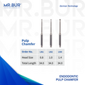 The image showing three variants of Mr. Bur Endodontic Pulp Chamfer Carbide Bur RA provides precise, efficient pulp chamber access, ensuring smooth cavity preparation and enhanced visibility for endodontic treatments.