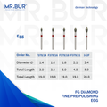 The image showing five variants of the Fine Grit Pre-Polishing Egg FG Diamond Bur sold by Mr. Bur the best international supplier of diamond dental burs the dental bur head size shown here are 1.4mm, 1.6mm, 1.8mm, 2.1mm and 2.4mm.