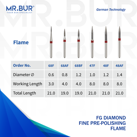 These are six variants of the Fine Grit Pre-Polishing Flame FG Diamond Bur sold by Mr. Bur the best international dental bur supplier the head sizes shown here are 0.6mm 0.8mm 1.0mm 1.2mm 1.4mm.