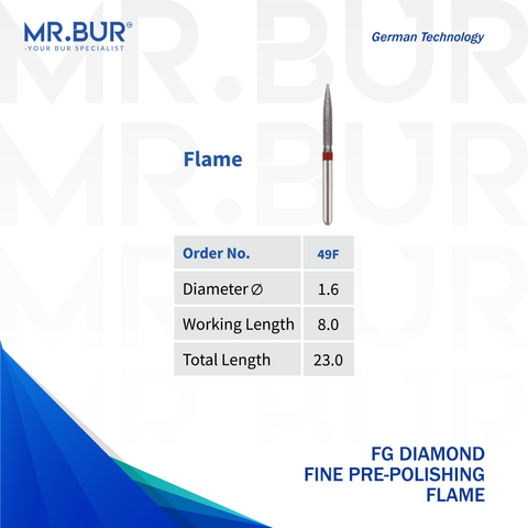 This is a variant of the Fine Grit Pre-Polishing Flame FG Diamond Bur sold by Mr. Bur the best international dental bur supplier the head sizes shown here are 1.6mm.