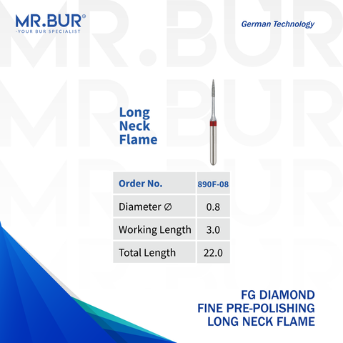 This is a variant of the Fine Grit Pre-Polishing Long Neck Flame FG Diamond Bur sold by Mr. Bur the best international supplier of dental bur the dental size shown here is 0.8mm.