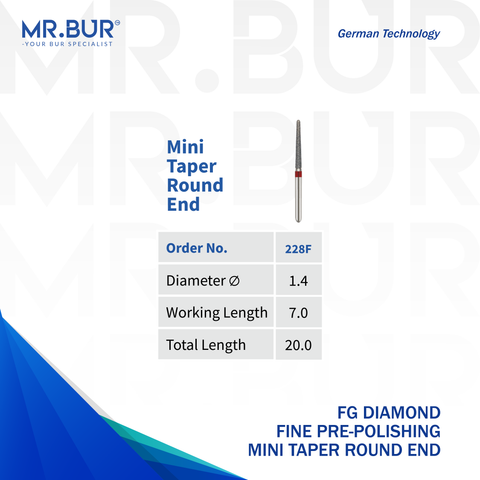 Image showing Mr. Bur FG Short Diamond Fine Pre-Polishing Mini Taper Round End Bur ensures precise, smooth surface finishing for ceramic and composite restorations.