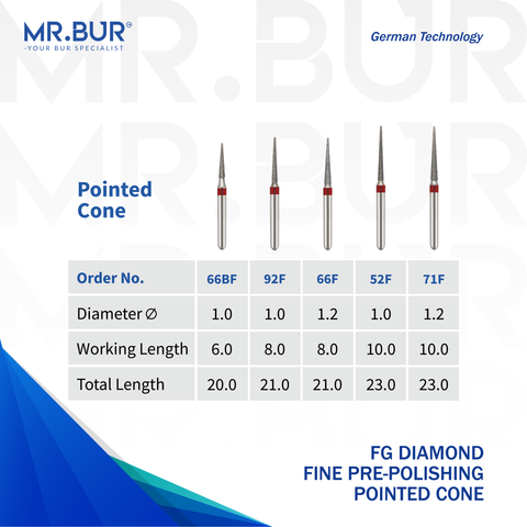 These are five of the Fine Grit Pre-Polishing Pointed Cone FG Diamond Bur sold by Mr. Bur the best international supplier of diamond burs the dental bur head size shown here are 1.0mm 1.2mm.