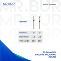 These are 2 variants of the Fine Grit Pre-Polishing Round FG Diamond Bur sold by Mr Bur the best international dental diamond bur supplier the dental bur head sizes shown are 1.6mm, 2.1mm.