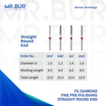 These are four of the Fine Grit Pre-Polishing Straight Round End FG Diamond Bur sold by Mr. Bur the best international supplier of dental diamond bur the dental bur head sizes shown here are 1.0mm 1.2mm 1.4mm 1.6mm.