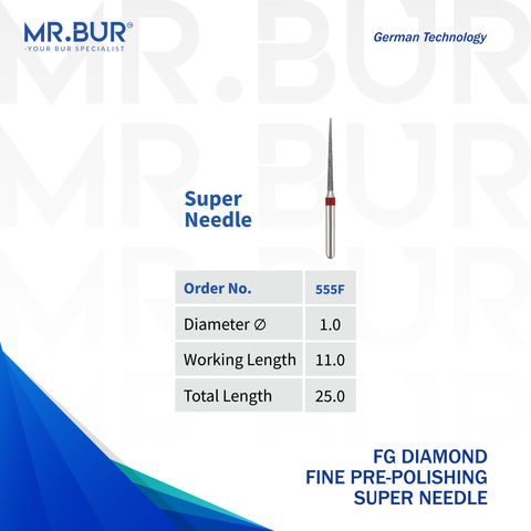 This is a variant of the Fine Grit Pre-Polishing Super Needle FG Diamond Bur sold by Mr. Bur the best international supplier of diamond burs the head size shown here is 1.0mm.