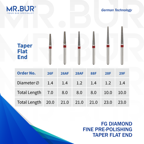 These are six variants of the Fine Grit Pre-Polishing Taper Flat End FG Diamond Bur sold by Mr. Bur the best international supplier of diamond dental burs the dental bur head sizes shown here are 1.2mm and 1.4mm.