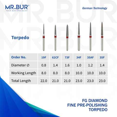 These are six variants of the Fine Grit Pre-Polishing Torpedo FG Diamond Bur sold by Mr. Bur the best diamond bur supplier the dental bur head size shown here are 0.8mm 1.0mm 1.2mm 1.4mm 1.6mm.