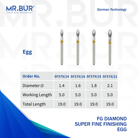 The image showing four variants of  #1 Best Super Fine Finishing Egg Diamond Bur FG. Mr. Bur offers the best online dental burs and is a Better Choice than Meisinger, Mani, Shofu, Eagle Dental, Trihawk, Suitable for Dental Cases, with head size of 1.4mm 1.6mm 1.8mm 2.1mm.